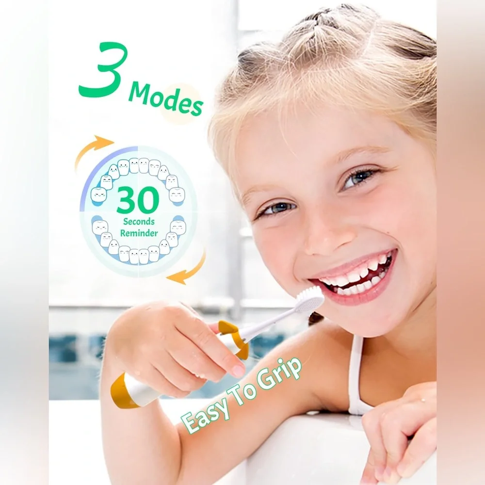 Kids Electric Toothbrush with 2mins Brushing Timer, Battery Powered, 3 Heads